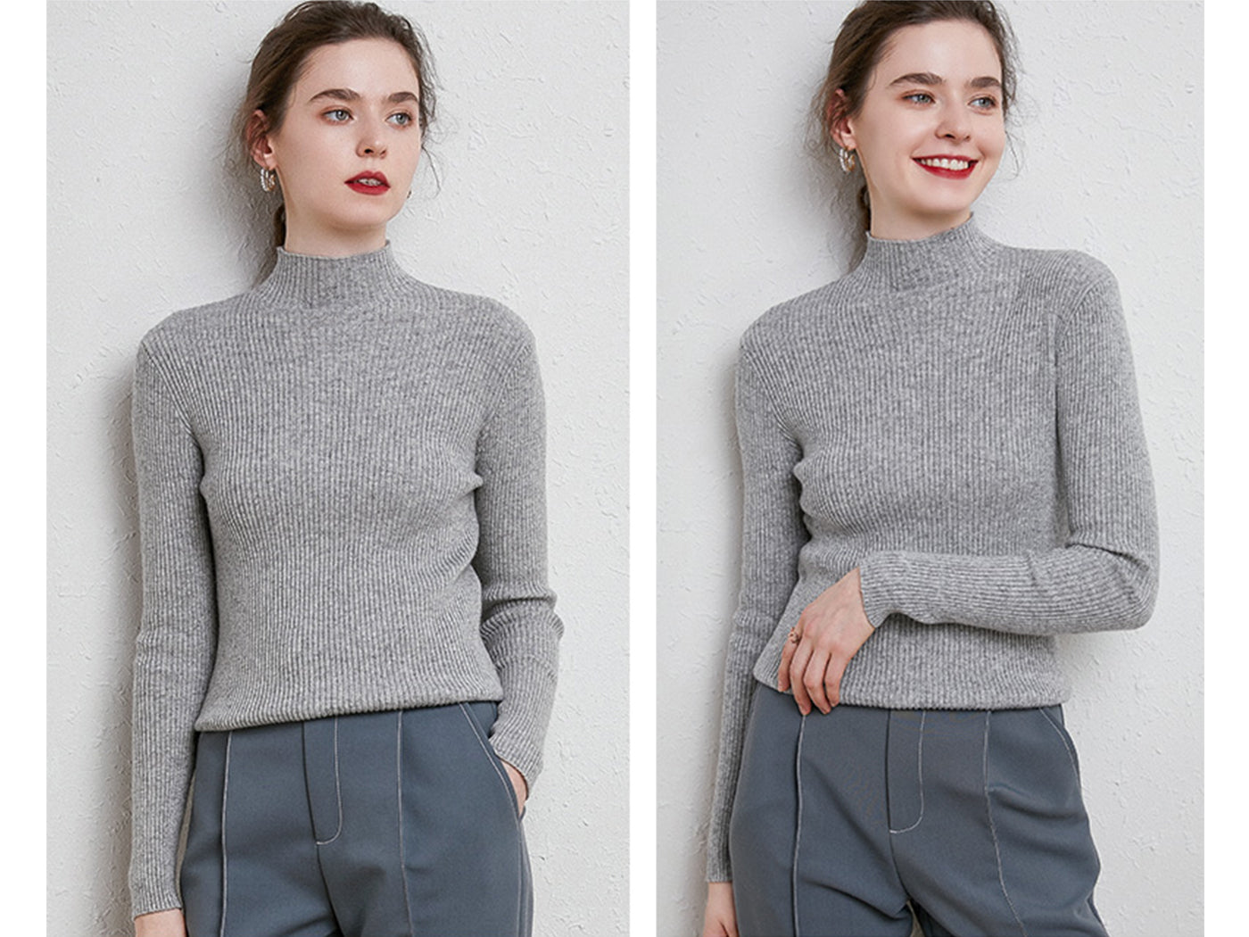 Knit Mock Turtle Neck Wool Stretch Long Sleeve Pullover Sweater