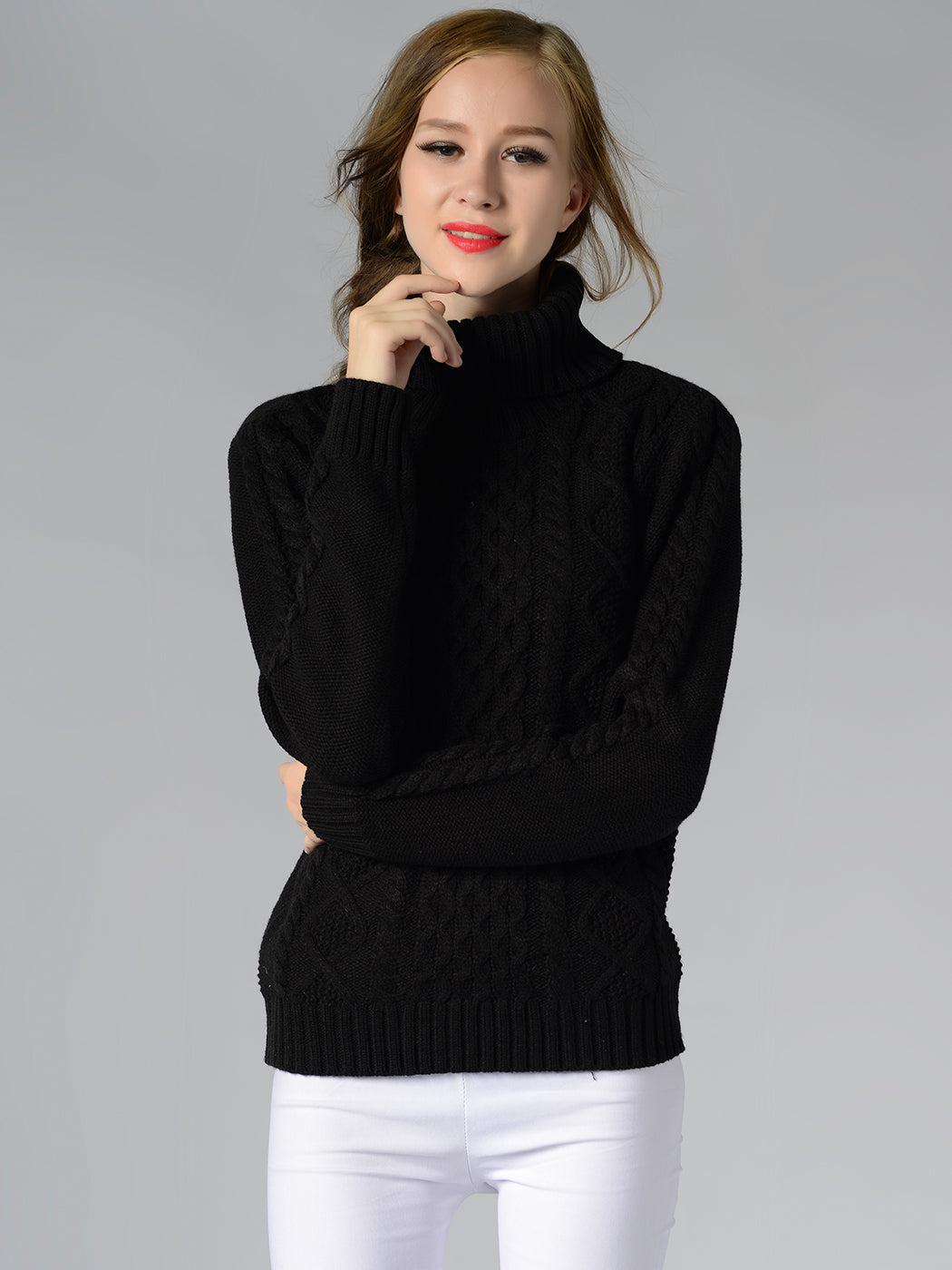 Cable Knit Turtle Neck Stretch Long Sleeve Pullover Sweater