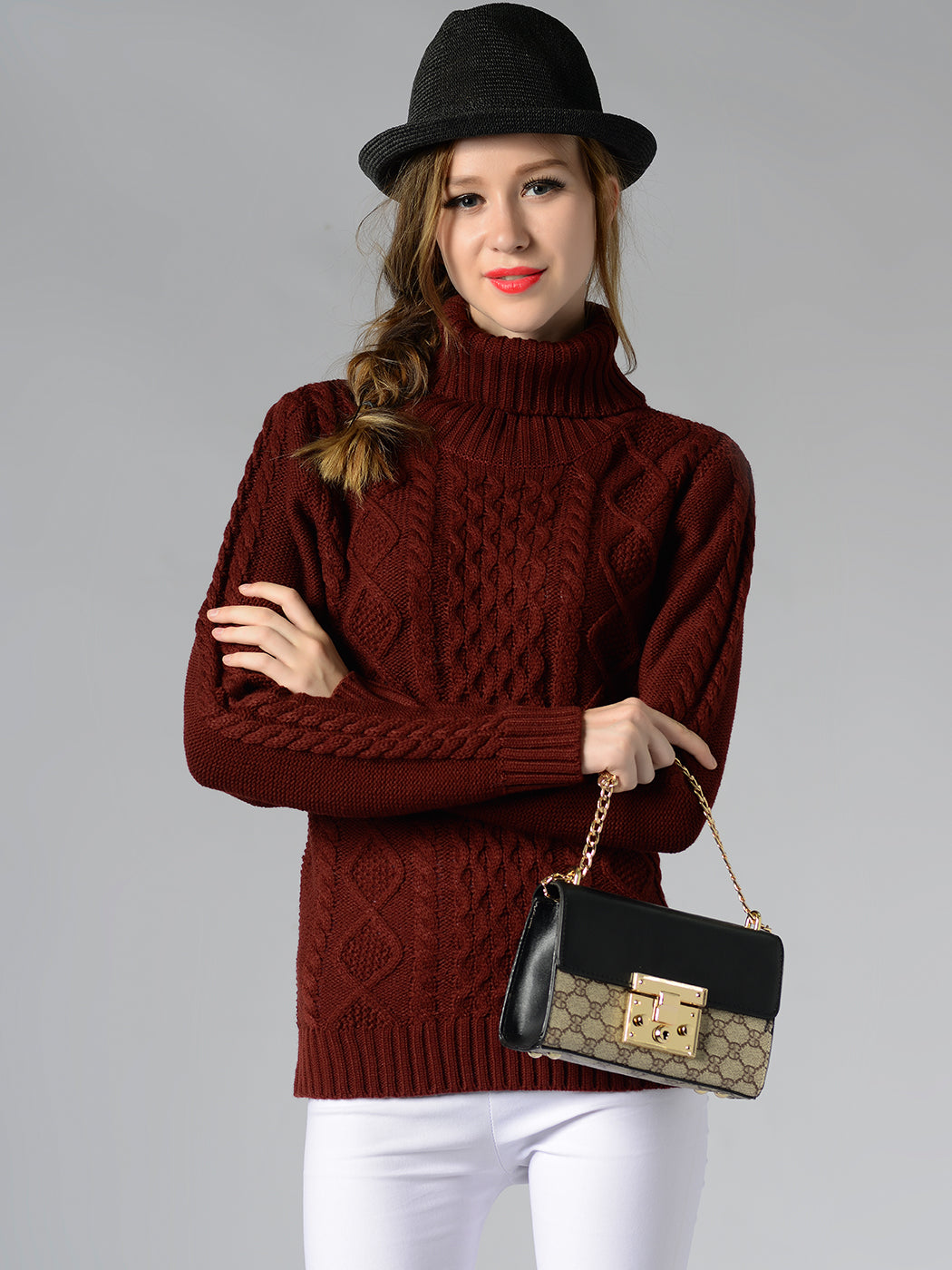 Cable Knit Turtle Neck Stretch Long Sleeve Pullover Sweater