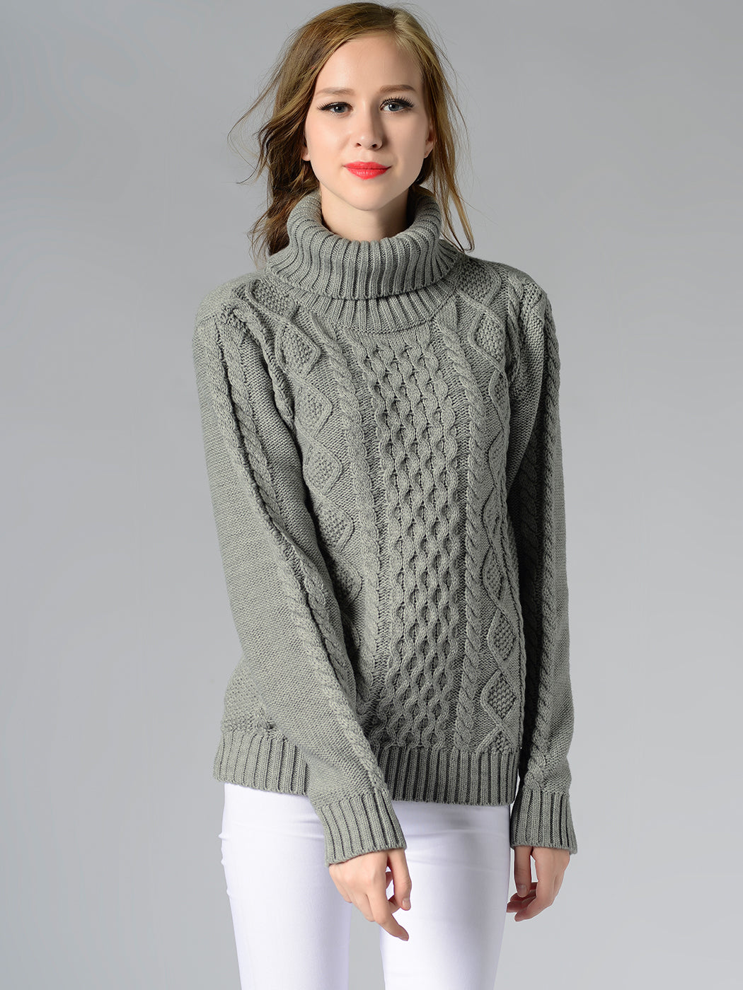 Cable Knit Turtle Neck Stretch Long Sleeve Pullover Sweater