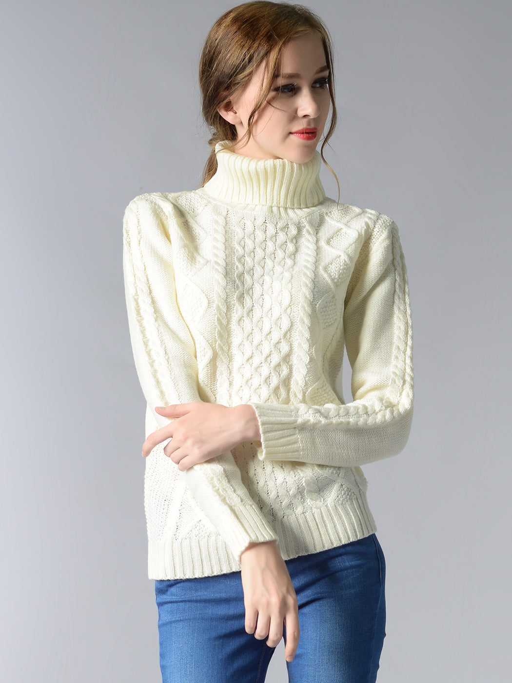 Cable Knit Turtle Neck Stretch Long Sleeve Pullover Sweater