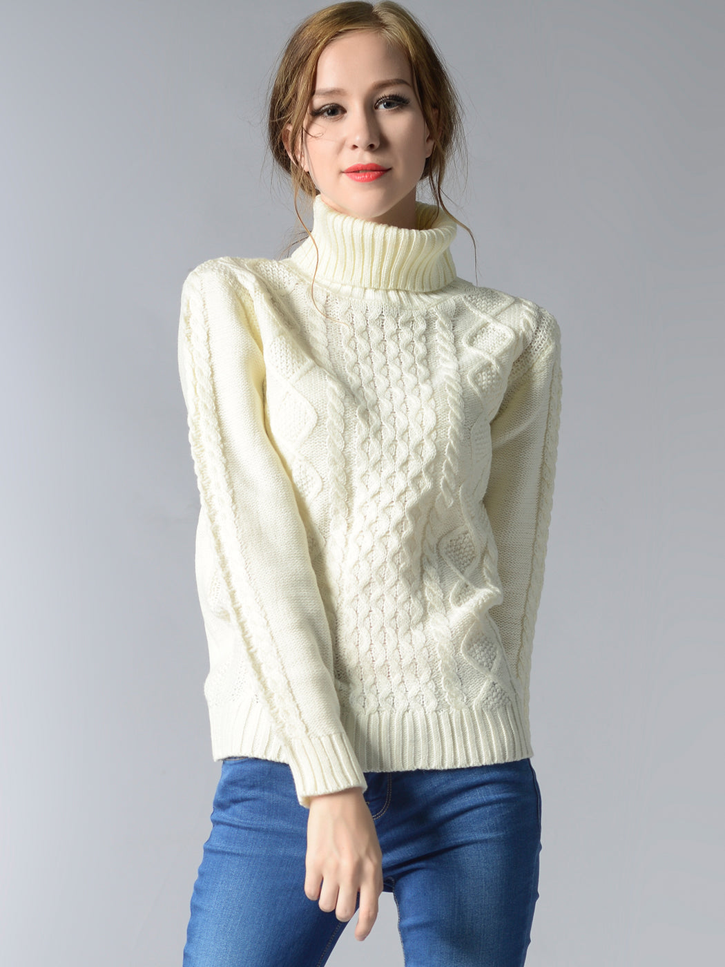 Cable Knit Turtle Neck Stretch Long Sleeve Pullover Sweater