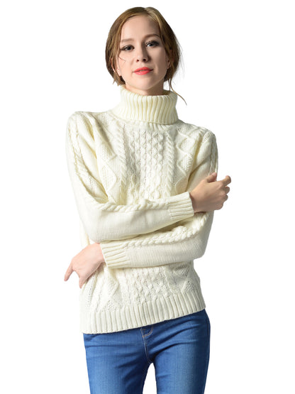 Cable Knit Turtle Neck Stretch Long Sleeve Pullover Sweater