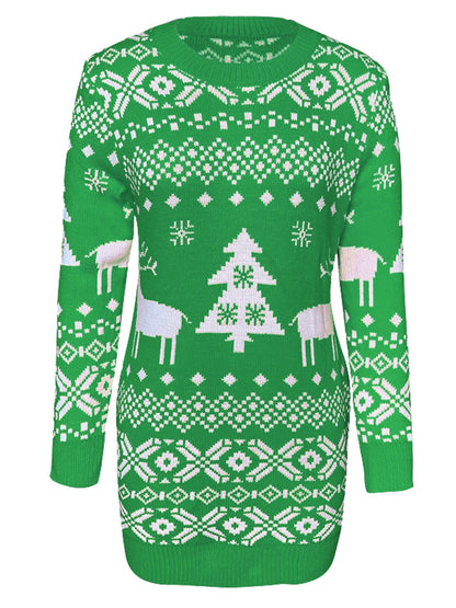 Christmas Sweater Long Sleeve Reindeer Tree Snowflakes Patterns Knit Sweater Dress