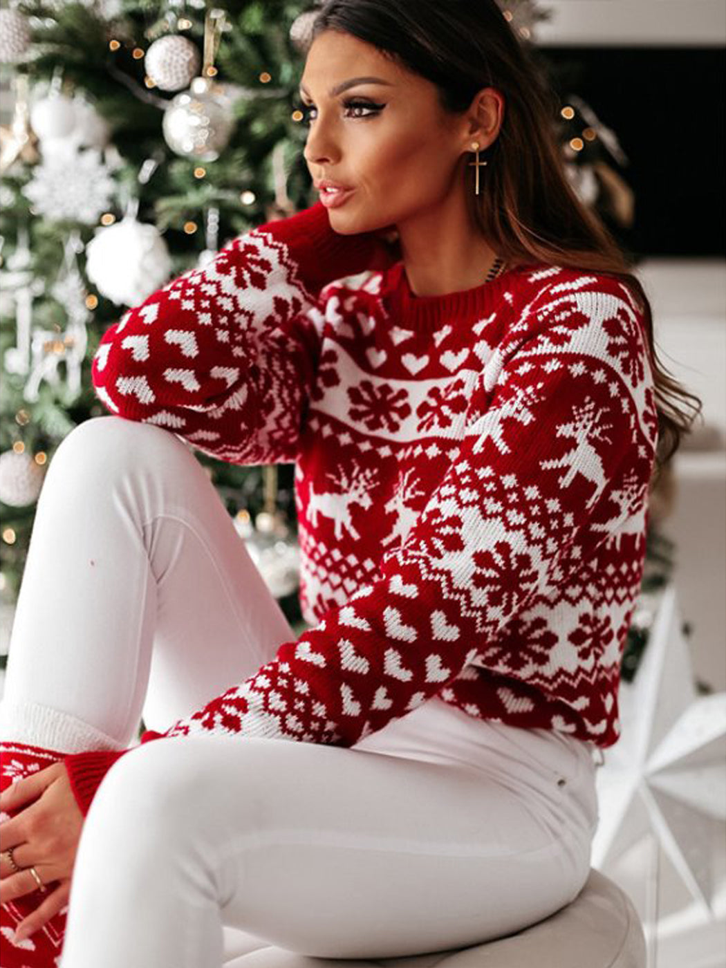 Christmas Sweater Long Sleeve Reindeer Snowflakes Patterns Pullover Tops