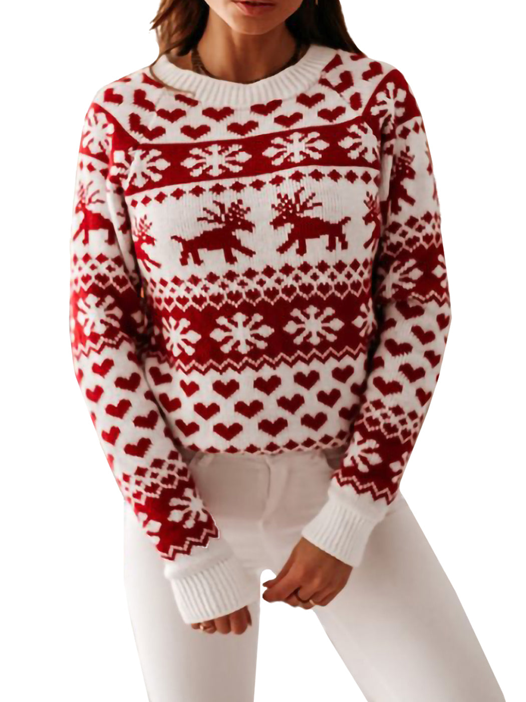 Christmas Sweater Long Sleeve Reindeer Snowflakes Patterns Pullover Tops