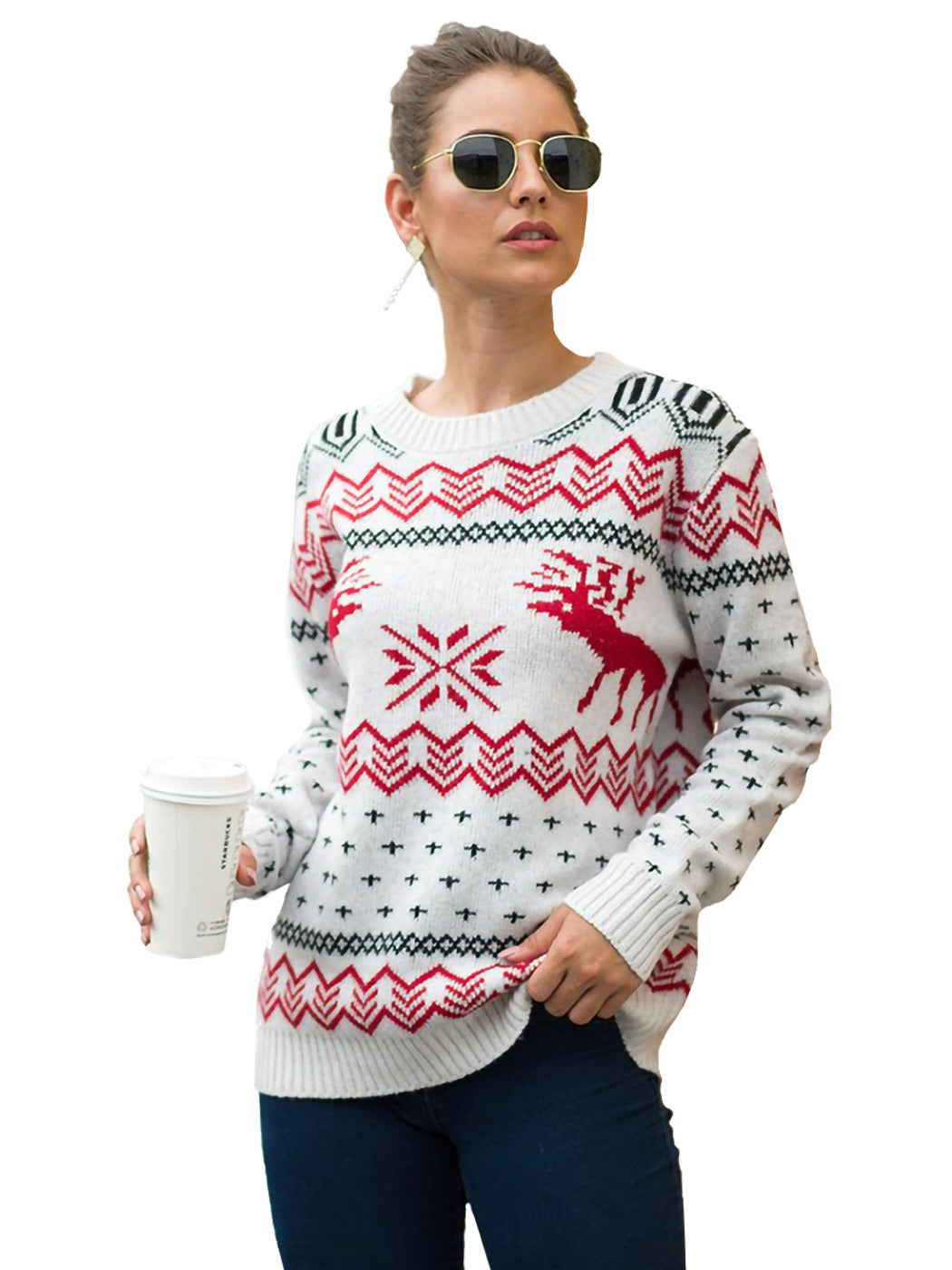 Christmas Sweater Long Sleeve Reindeer Snowflakes Patterns Knit Pullover Tops