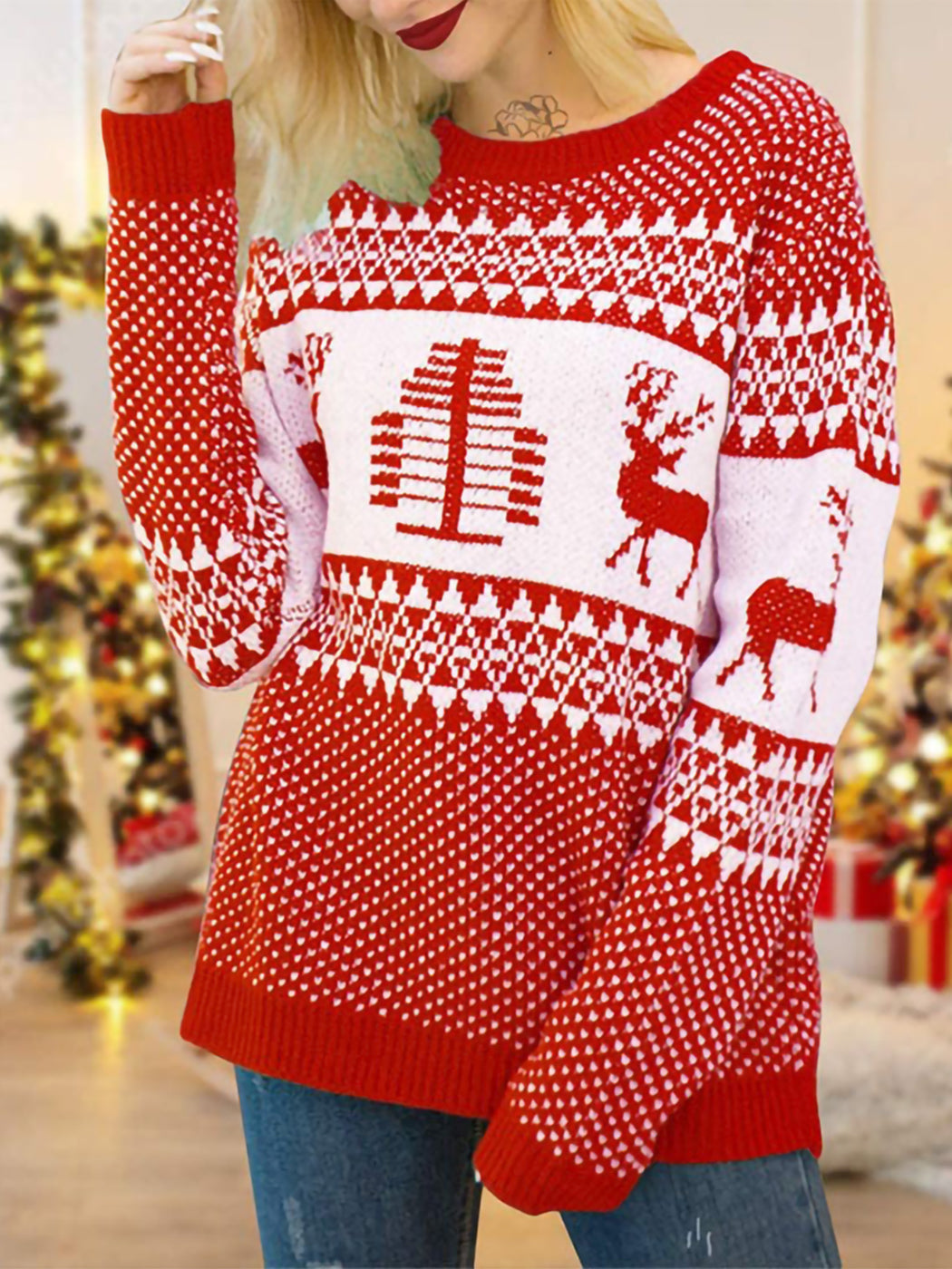 Women Stylish Christmas Pullover Sweater Cute Snowflake Reindeer Pullover