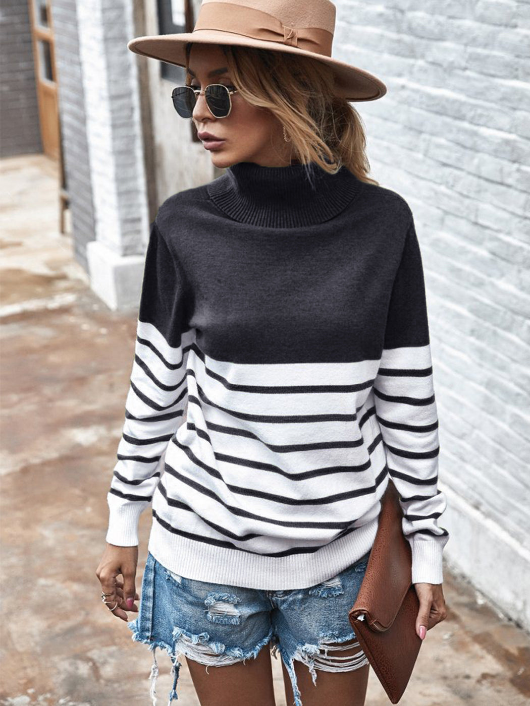 Turtleneck Long Sleeve Stripe Pullover Sweater