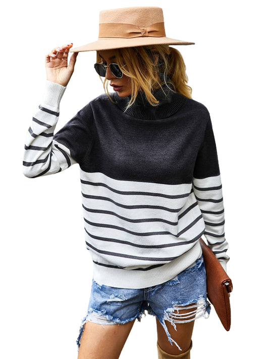 Turtleneck Long Sleeve Stripe Pullover Sweater