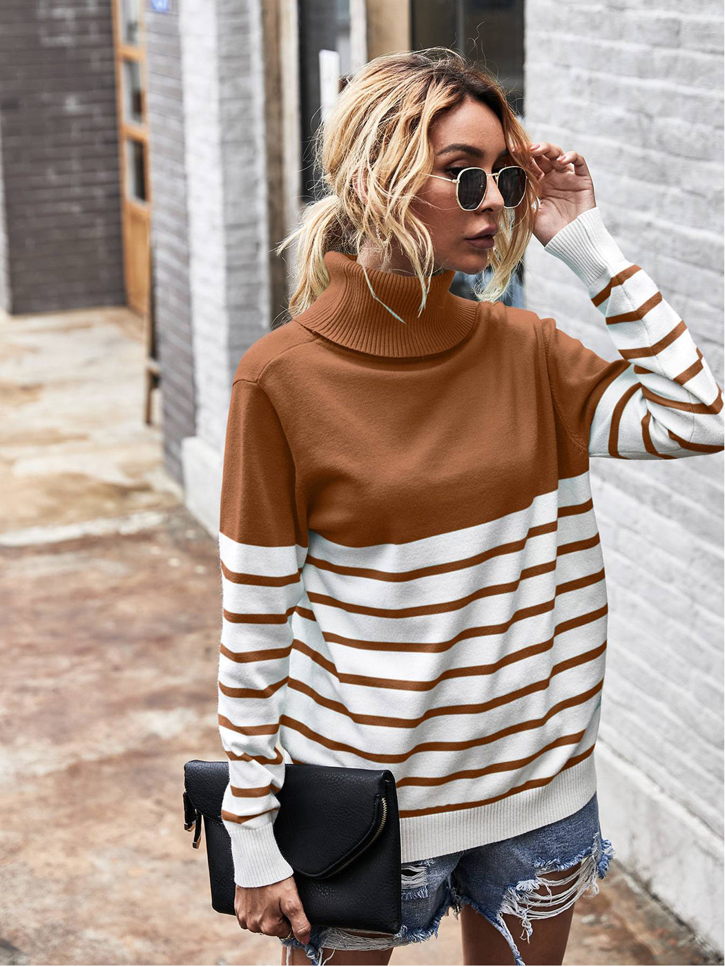 Turtleneck Long Sleeve Stripe Pullover Sweater