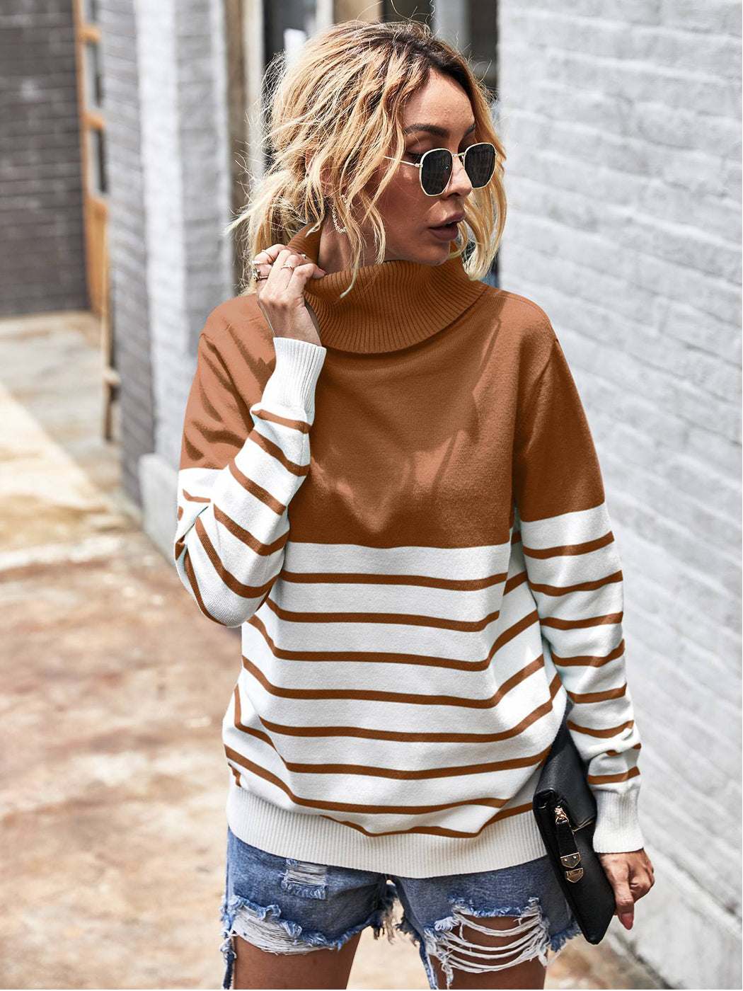 Turtleneck Long Sleeve Stripe Pullover Sweater