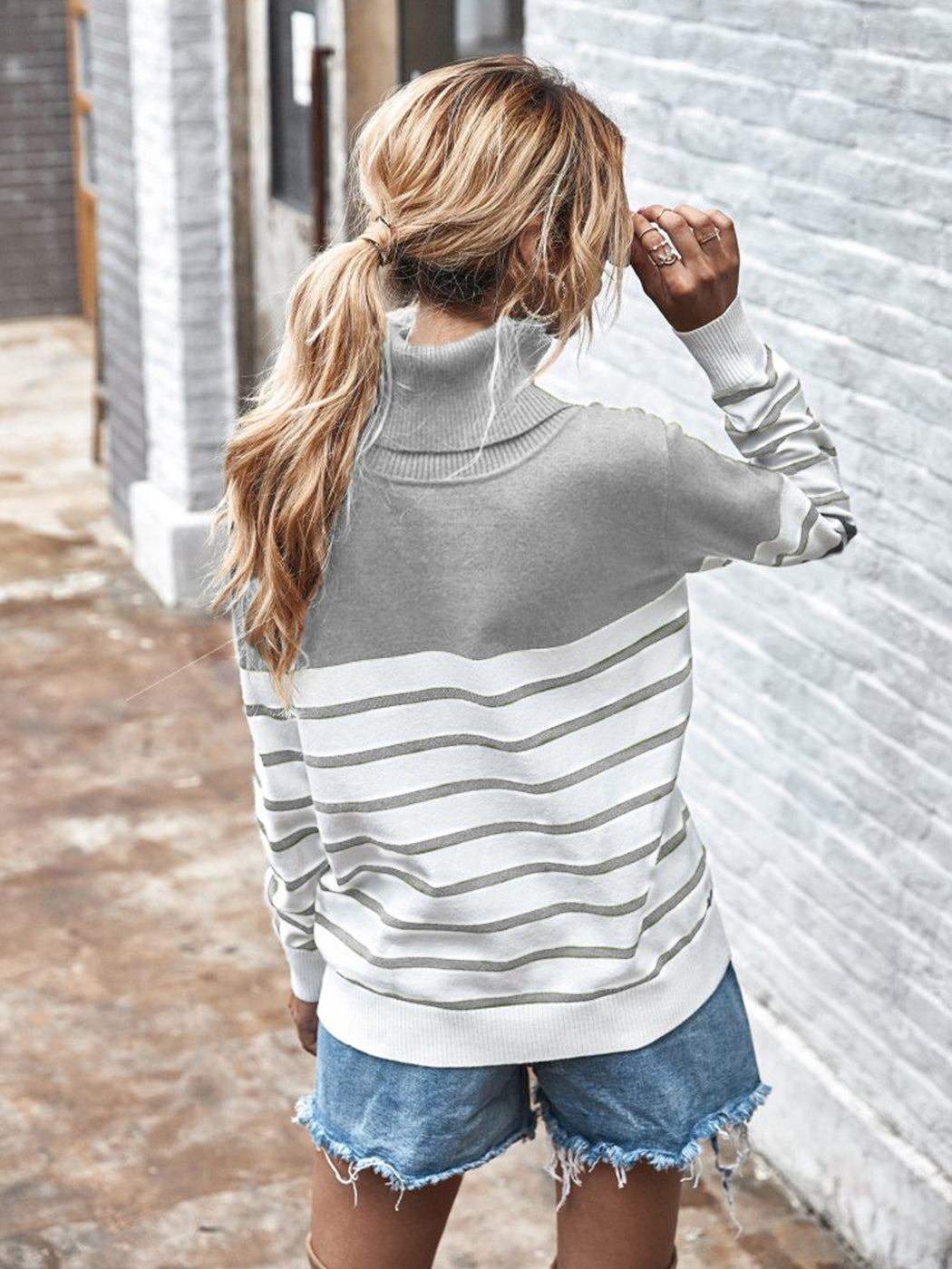 Turtleneck Long Sleeve Stripe Pullover Sweater