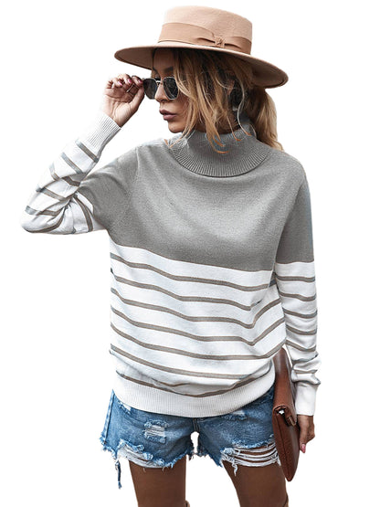 Turtleneck Long Sleeve Stripe Pullover Sweater