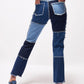 Patchwork Straight Leg Jeans | Mid Waist Raw Hem Denim Pants