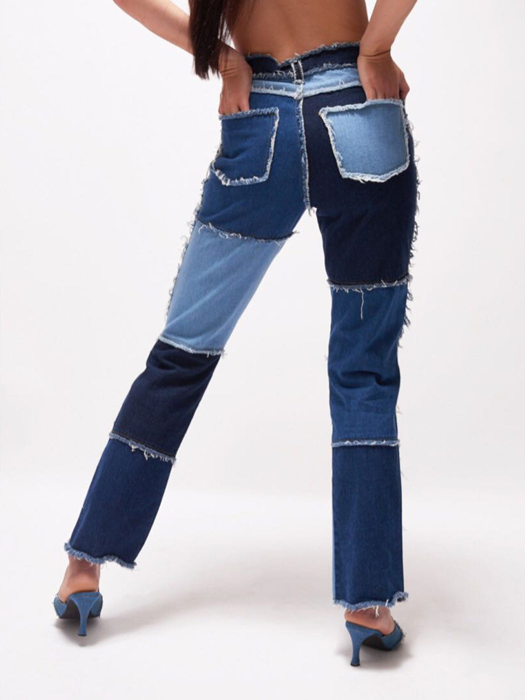 Patchwork Straight Leg Jeans | Mid Waist Raw Hem Denim Pants
