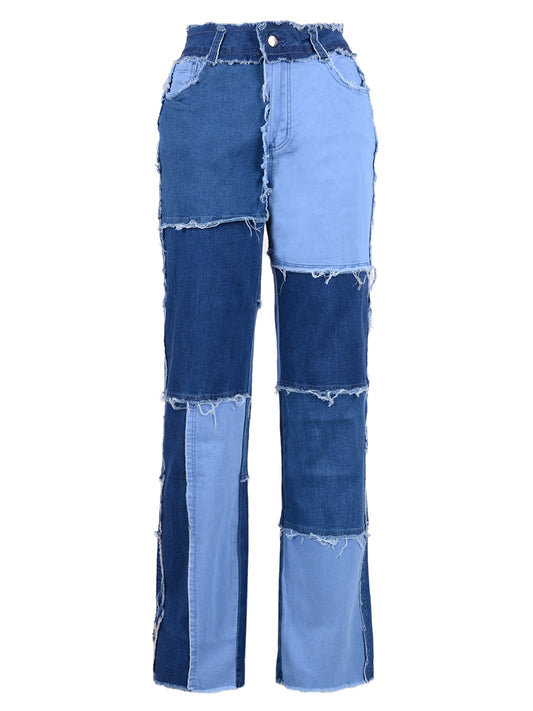 Patchwork Straight Leg Jeans | Mid Waist Raw Hem Denim Pants