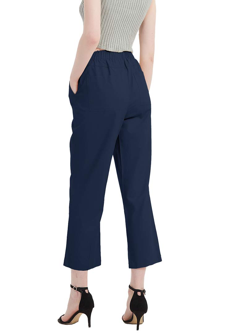 Solid Linen Cropped Pants Loose Drawstring Trousers with 4 Pockets Elastic Waist