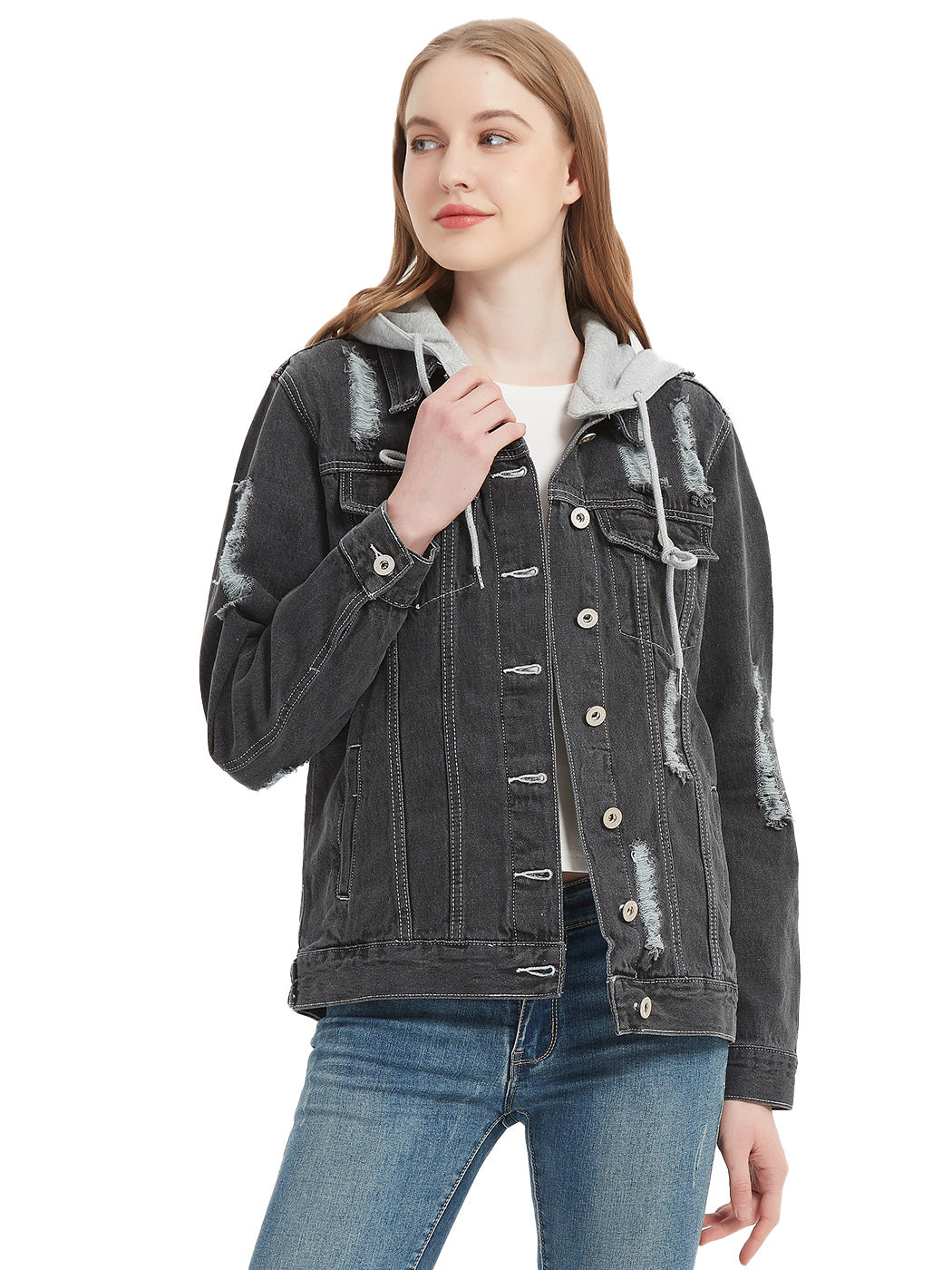 Detachable Hoodie Denim Jacket Ripped Distressed Oversized Jean