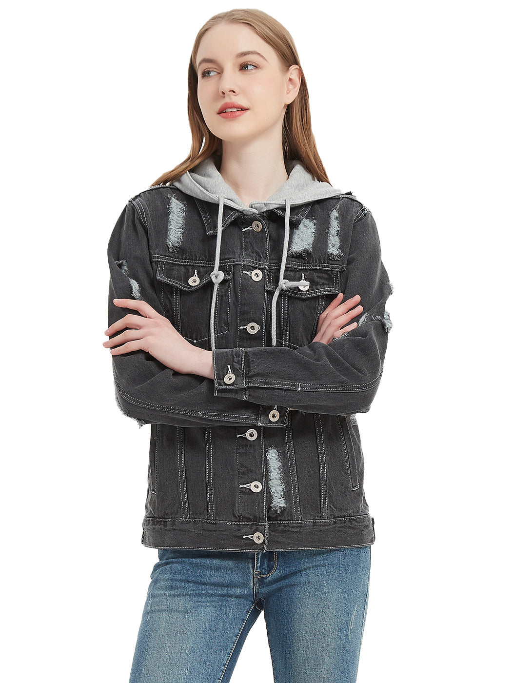 Detachable Hoodie Denim Jacket Ripped Distressed Oversized Jean Coat W Pockets