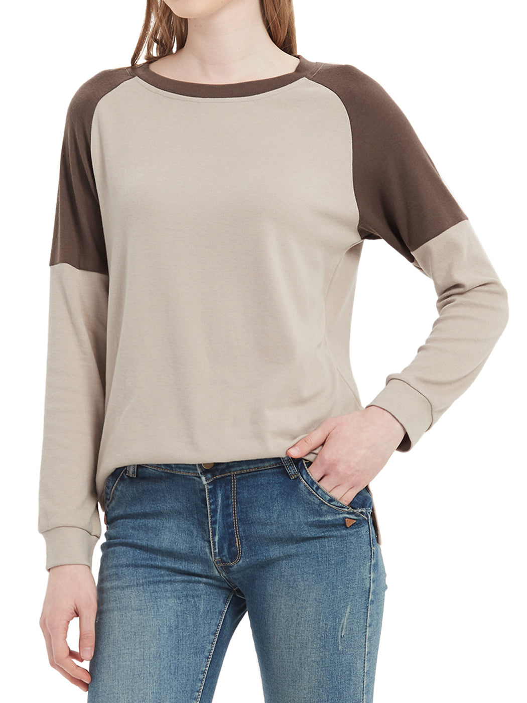Casual Crewneck Sweatshirts Long Sleeve Color Block Blouses Side Slit Pullover Tops