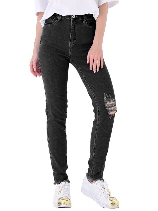 Ripped Frayed Hem Denim Stretch High Rise Skinny Ankle Jeans