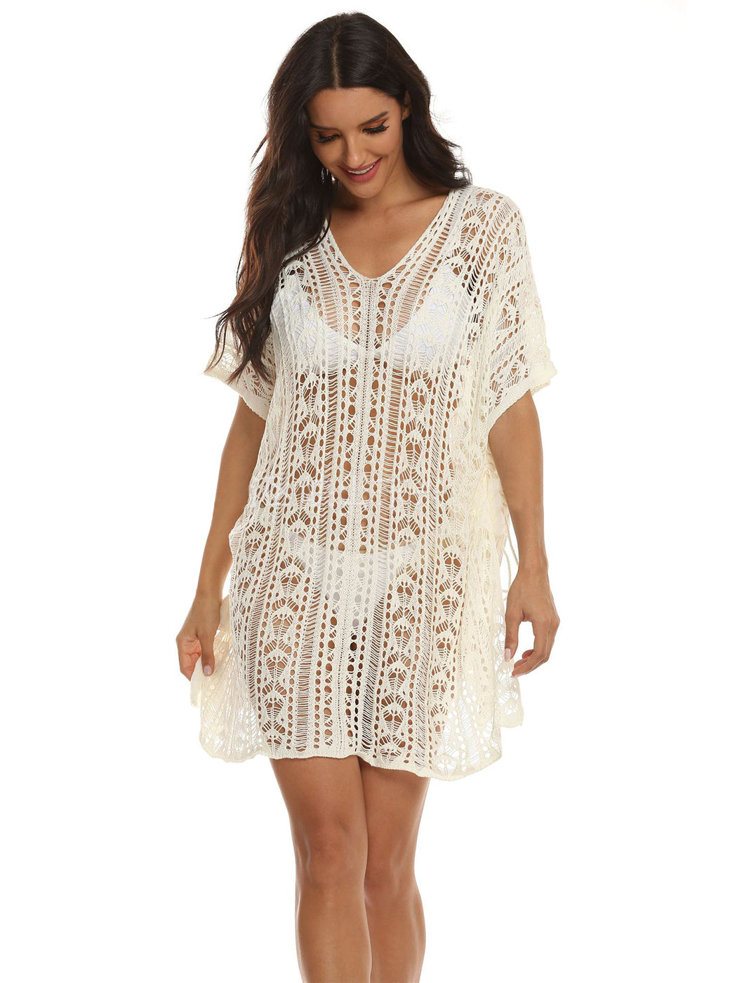 Anna-Kaci Women's White Crochet Cover Up Bathing Suit 3/4 Sleeve Tassel Dress Beach Wear