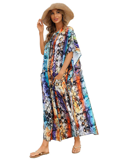 Chiffon Leopard Turkish Kaftan Pockets Swimwear Bikini Cover Up Maxi Dress