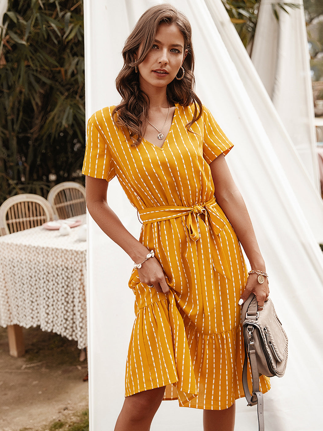 Anna-Kac Vertical Striped Short Sleeve Ruffle Flowy Swing Dress With B ALILANG.COM Anna-Kac Vertical Striped Short Sleeve Ruffle Flowy Swing Dress With B ALILANG.COM