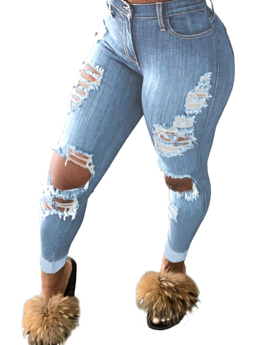 Women's Classic Stretch Skinny Ripped Distressed Destroyed Hole Jeans, Black, Large