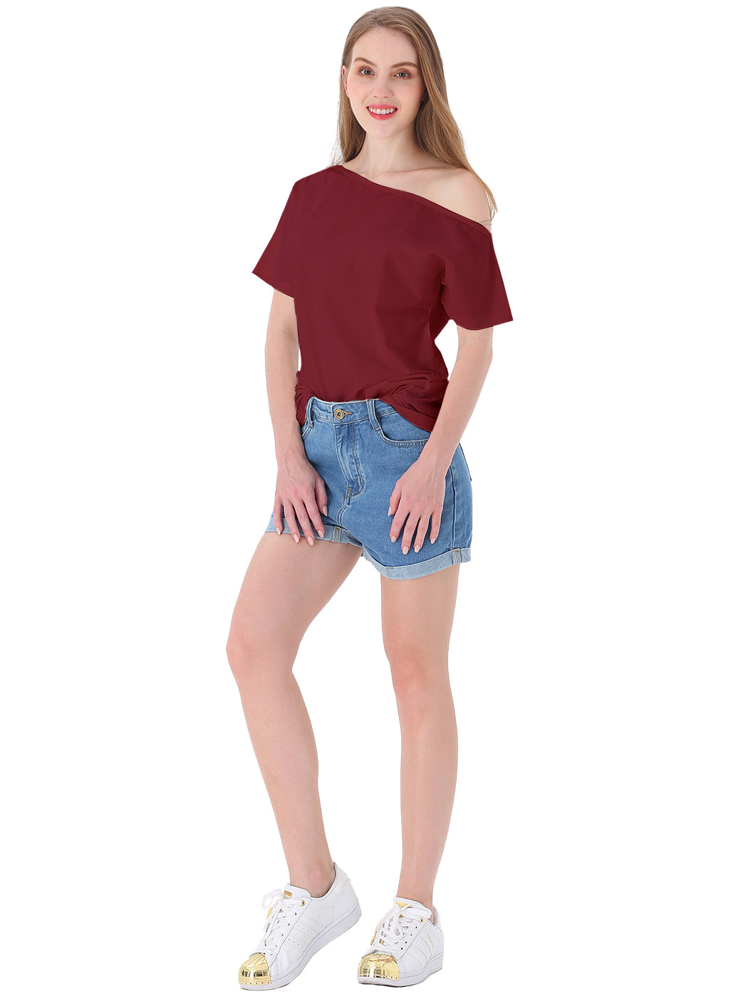 Women's Solid Cotton Stretchy Sexy Off Shoulder Casual T-Shirt Blouse