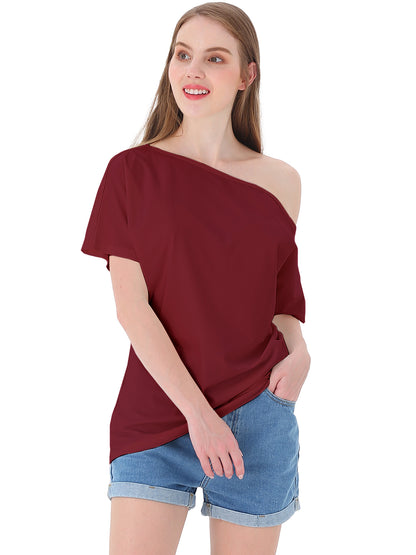 Women's Solid Cotton Stretchy Sexy Off Shoulder Casual T-Shirt Blouse