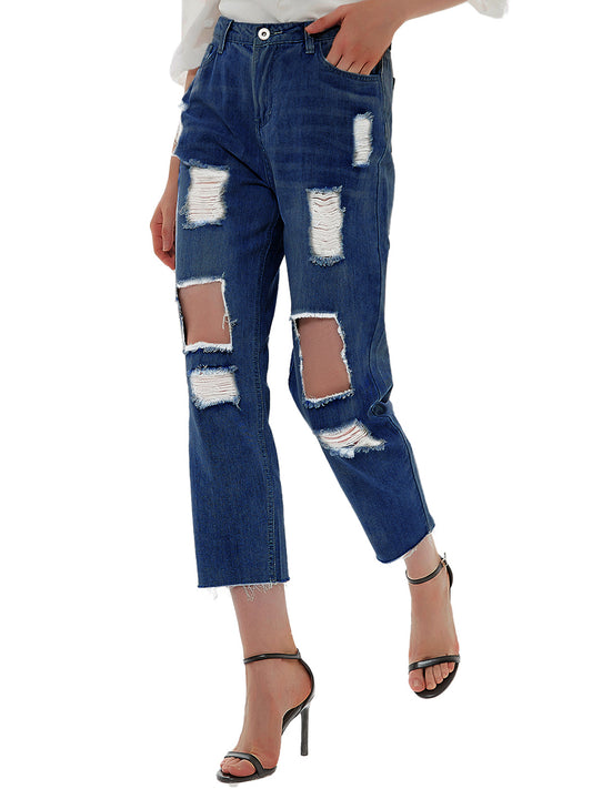 Anna-Kaci Women's High Waisted Baggy Distressed Ripped Holes Boyfriend Crop Jean Denim Pants