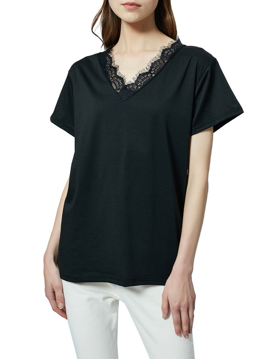 V Neck Eyelash Lace Trim Top Loose Short Sleeve Blouse