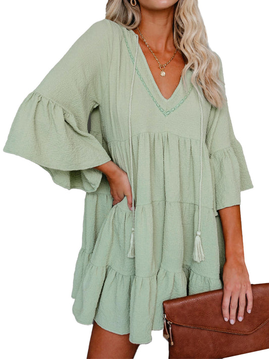 Anna-Kaci Casual Ruffle Dress for Women Bell Sleeve V Neck Fringe A-line Babydoll Loose Shift Dresses