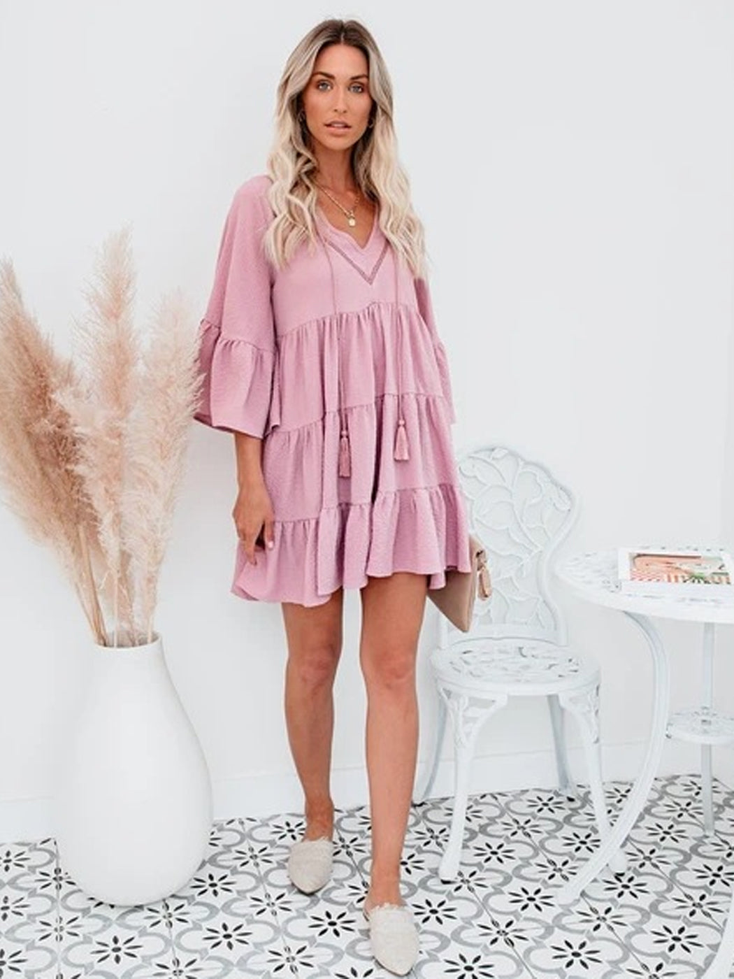 Anna-Kaci Casual Ruffle Dress for Women Bell Sleeve V Neck Fringe A-line Babydoll Loose Shift Dresses