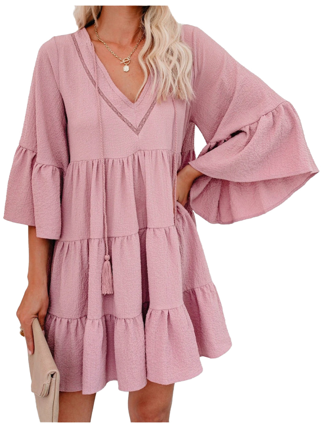 Anna-Kaci Casual Ruffle Dress for Women Bell Sleeve V Neck Fringe A-line Babydoll Loose Shift Dresses