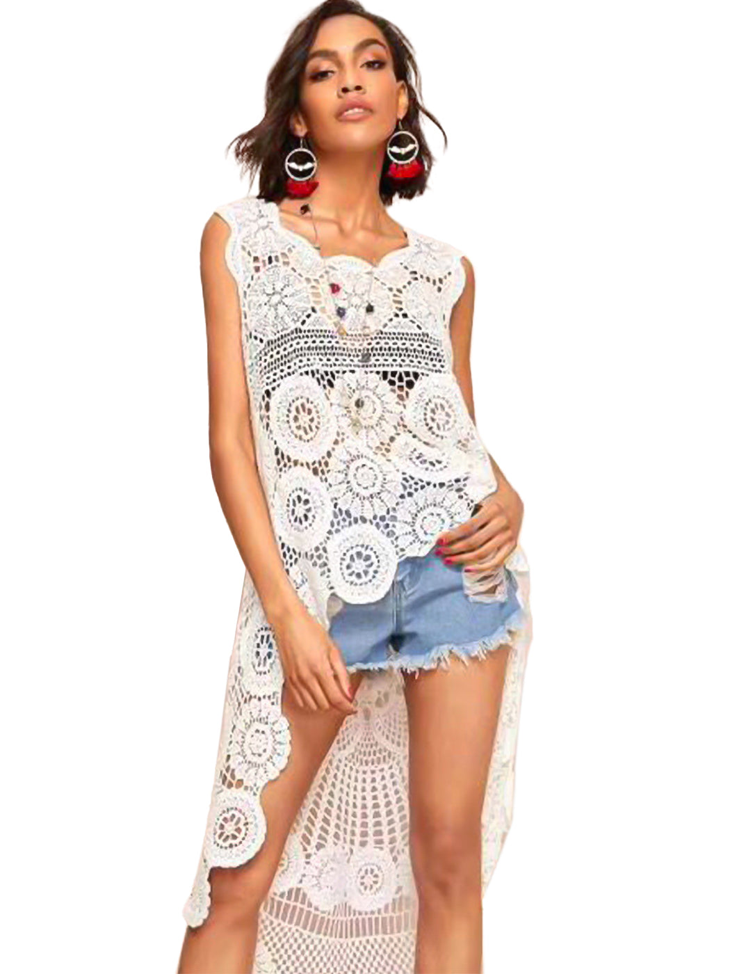 Womens Hippie Bohemian Floral Crochet Lace Trim Sleeveless Vest Cardigan