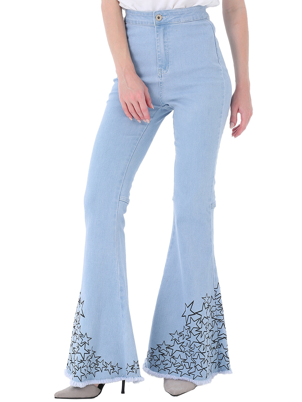 Retro Flared Jeans High Waist Star Printed Long Denim Bell Bottom Jeans