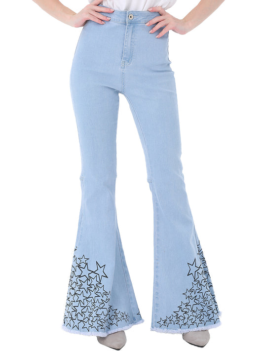 Retro Flared Jeans High Waist Star Printed Long Denim Bell Bottom Jeans