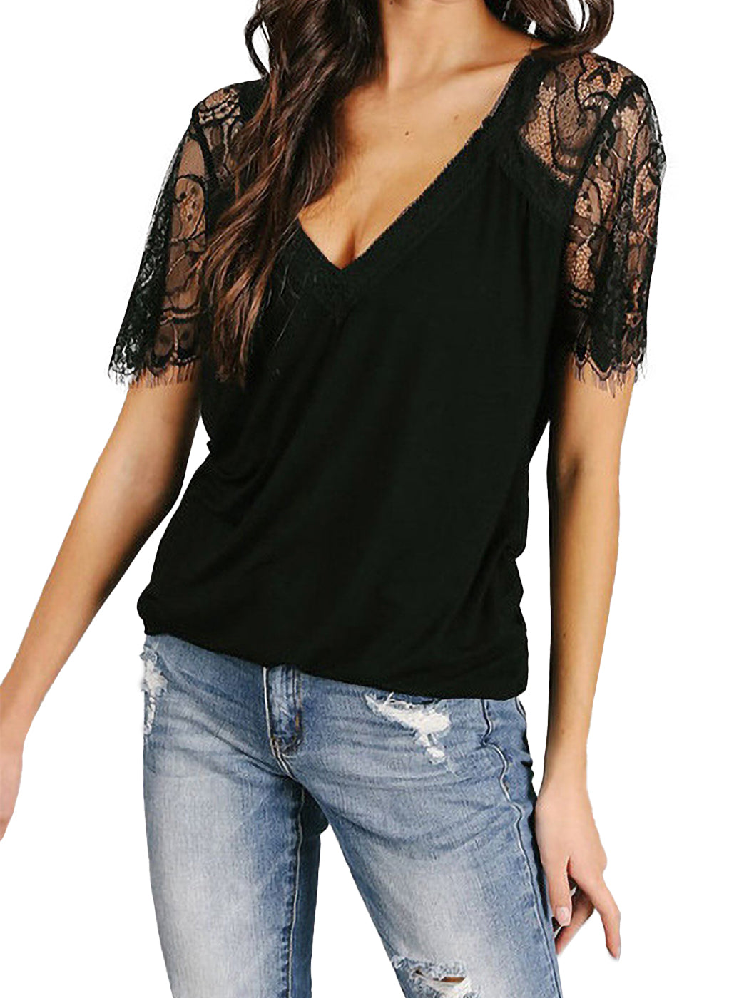 Lace Short Sleeve T-Shirt V Neck Cotton Summer Casual Tops Tee Shirts