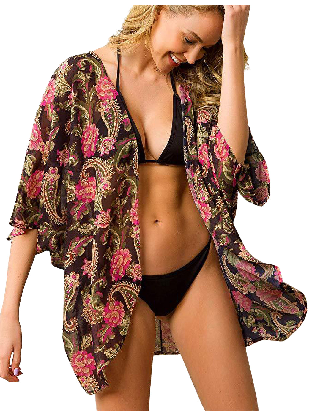 Floral Open Front Short Kimono Cardigan Chiffon Beach Swim Cover Up