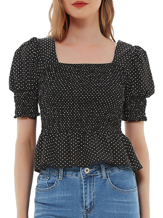 Anna-Kaci Women Ruffle Sleeve Smocked Square Neck Puffy Print Top