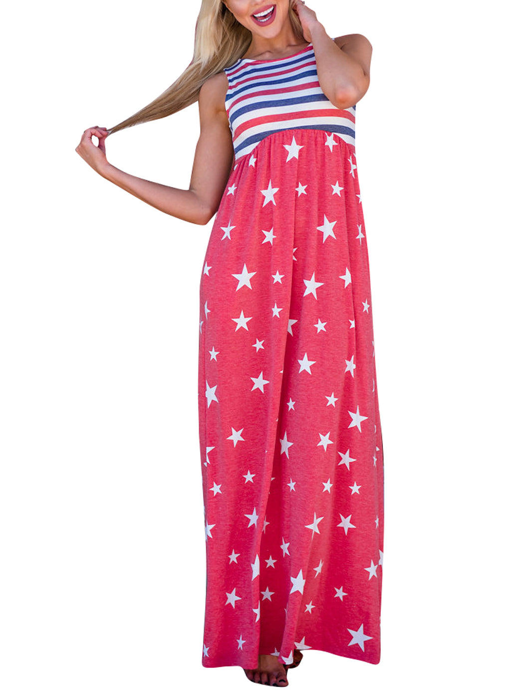 4th of July American Flag Dress Sleeveless Stars Stripes Summer Maxi Dress with Pockets