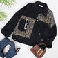 Anna-Kaci Women Long Sleeve Leopard Print Colorblock Denim Jacket Distressed Boyfriend Outerwear, Black, Large