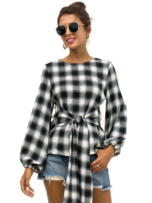 Anna-Kaci Womens Long Lantern Sleeve Plaid Tops Round Neck Keyhole Back Blouse with Belt