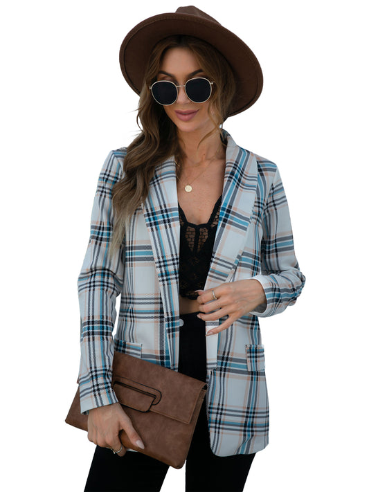 Anna-Kaci Women's Open Front Plaid Blazer Coat Jacket Long Sleeve Mock Front Pockets Formal Work Attire