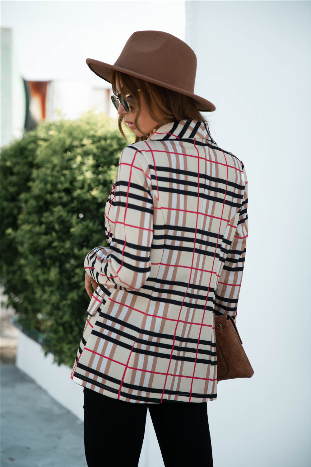 Anna-Kaci Women's Open Front Plaid Blazer Coat Jacket Long Sleeve Mock Front Pockets Formal Work Attire