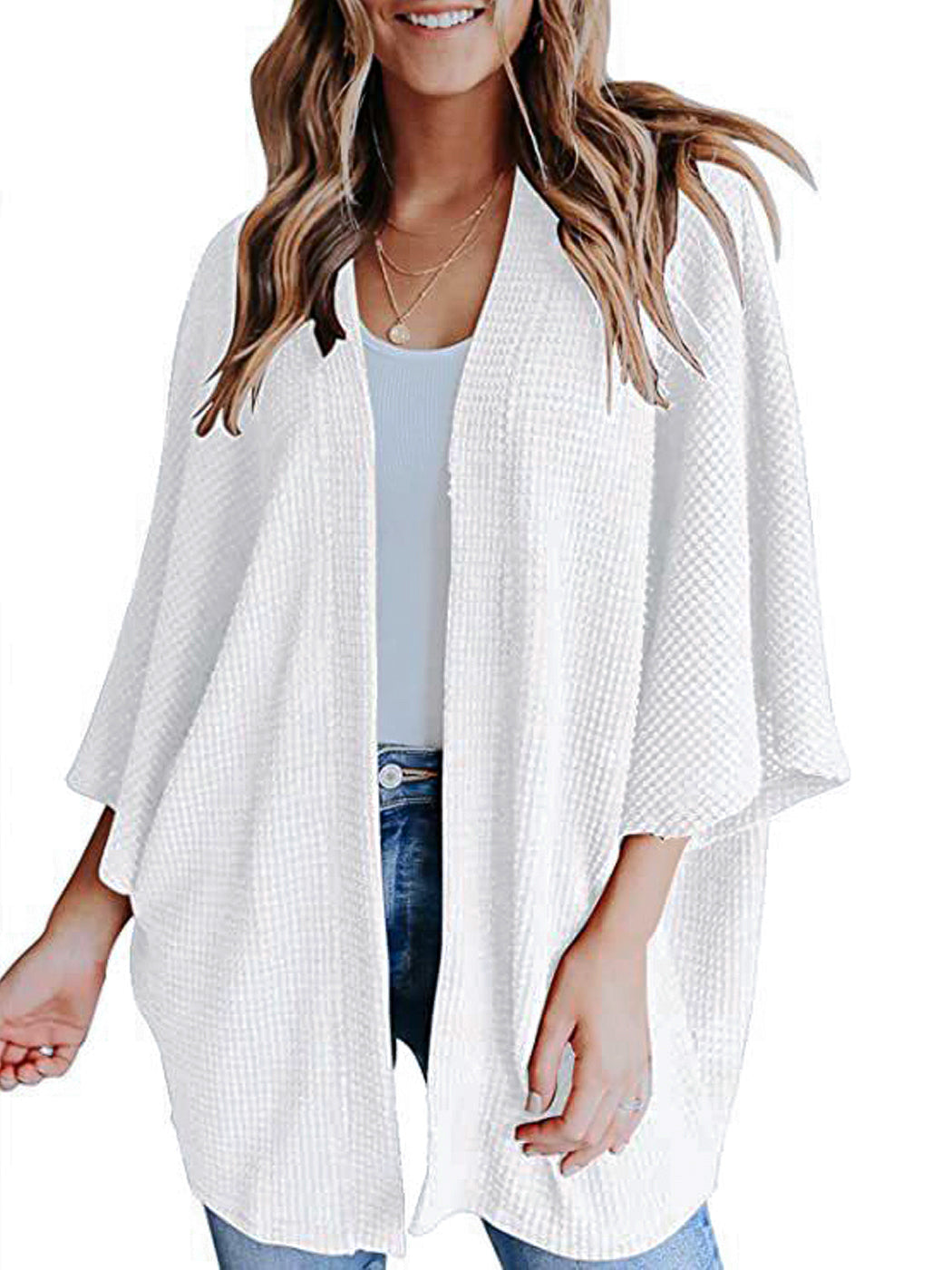 Anna Kaci Women s Waffle Knit Kimono Cardigans Lightweight 3 4 Batwing ALILANG.COM