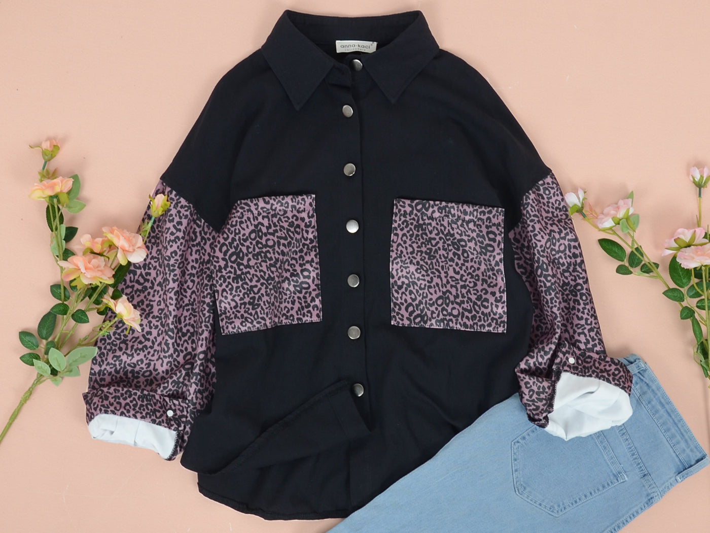 Anna-Kaci Women's Contrast Leopard Button Down Denim Shirts Long Sleeve Boyfriend Light Jacket with Two Pockets